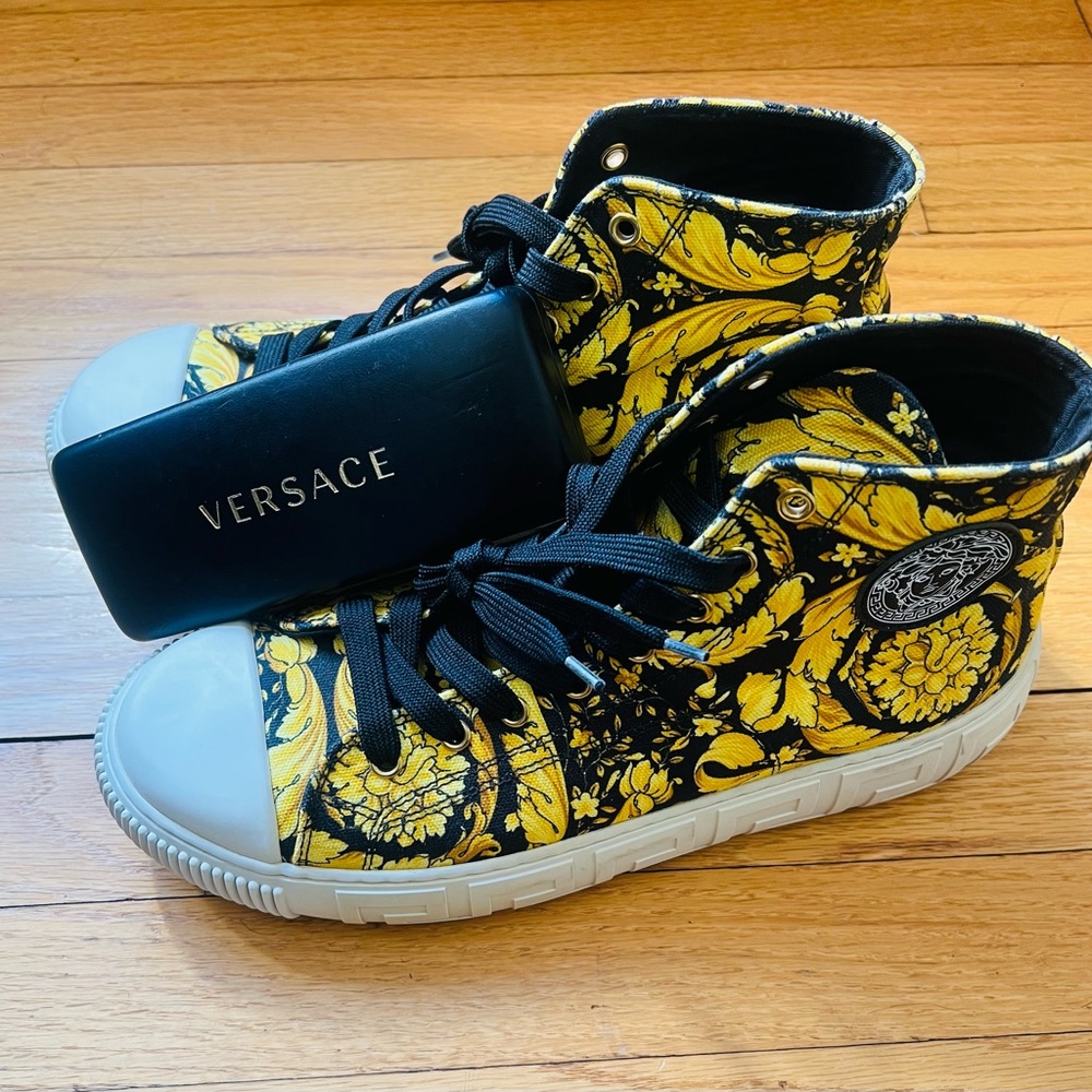 Versace Yellow & Black Baroque High-Top Sneakers - Picture 3 of 9